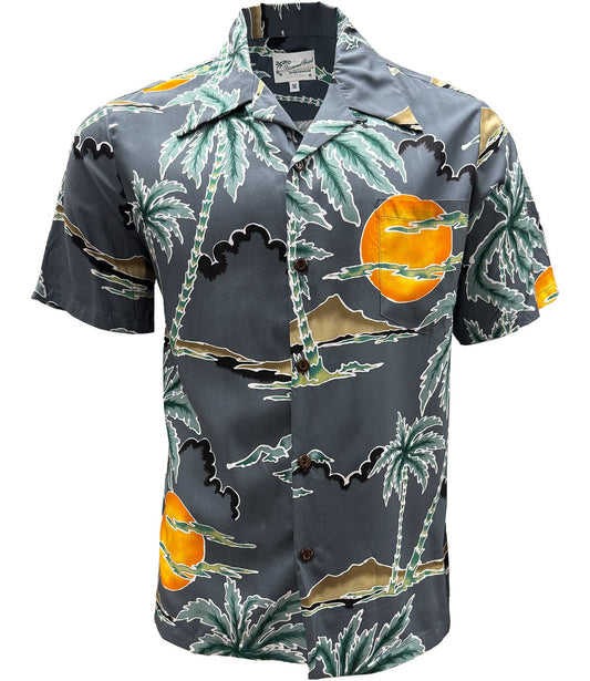 Charcoal Retro Scenic Palm Hawaiian Shirt