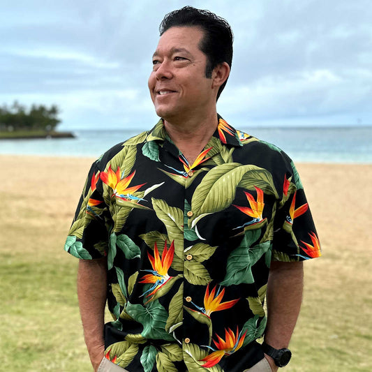 Airbrush Birds of Paradise - Black Hawaiian Shirt