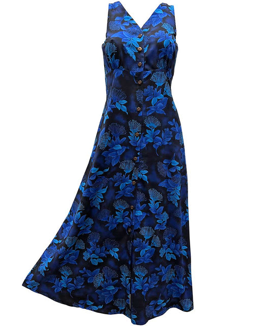 Ladies Ohia Navy Button Front Long Dress Hawaiian Shirt