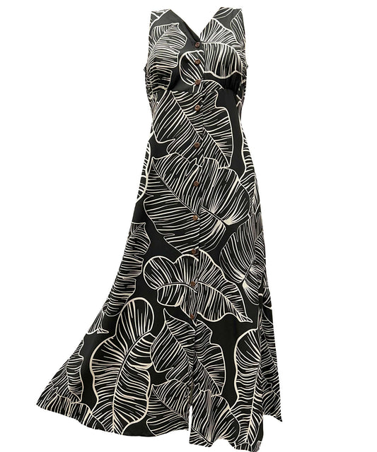 Taro Leaf Midnight Button Front Long Dress Hawaiian Shirt