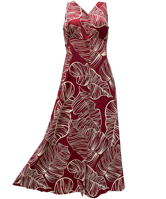 Taro Leaf Red Button Front Long Dress Hawaiian Shirt
