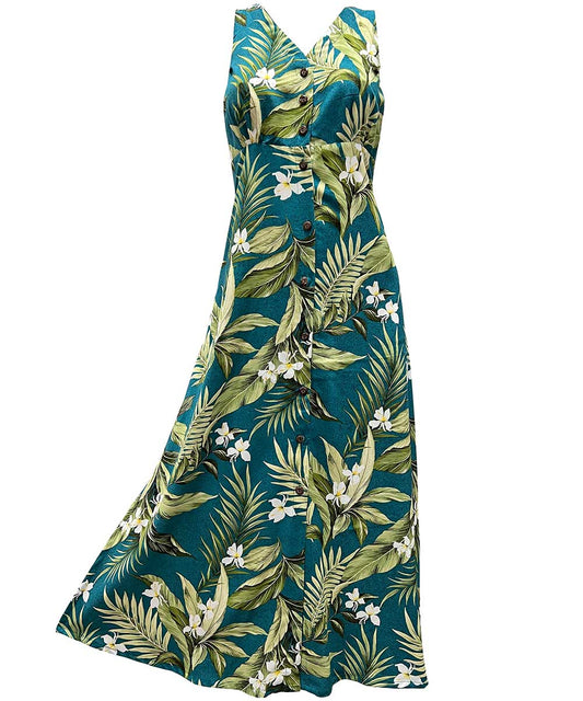 Ladies White Ginger Jade Button Front Long Dress Hawaiian Shirt