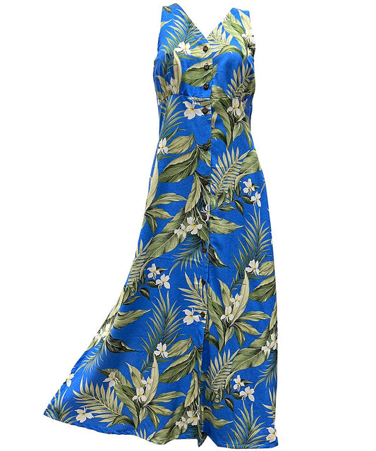 Ladies White Ginger Peri Button Front Long Dress Hawaiian Shirt