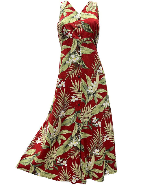 Ladies White Ginger Red Button Front Long Dress Hawaiian Shirt