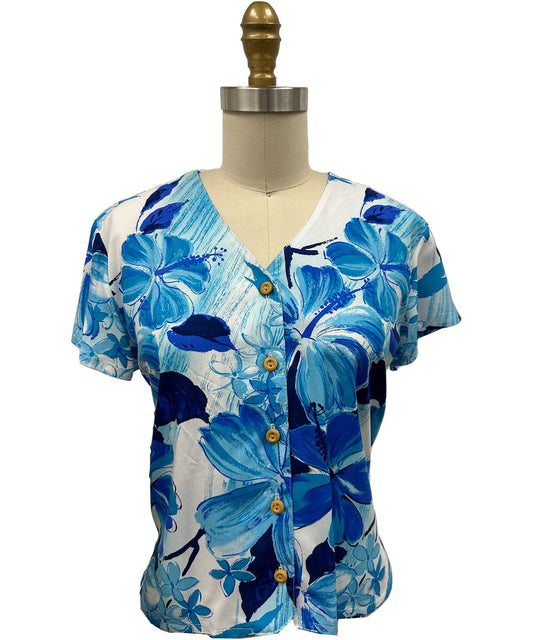 Watercolor Hibiscus Blue V-Neck Top Hawaiian Shirt