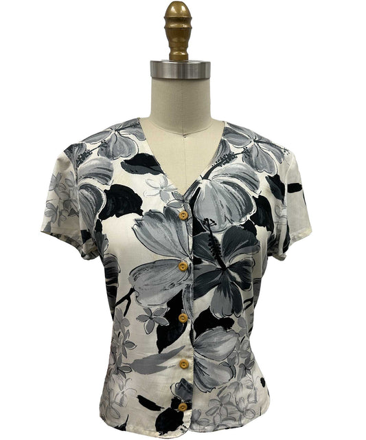 Watercolor Hibiscus Gray V-Neck Top Hawaiian Shirt