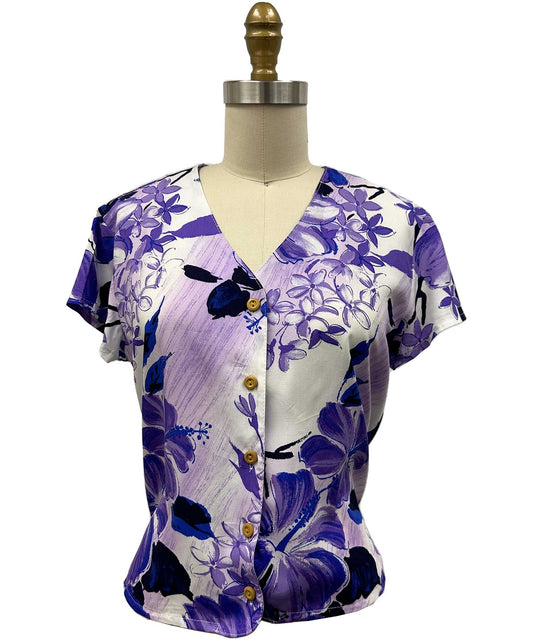 Watercolor Hibiscus Purple V-Neck Top Hawaiian Shirt