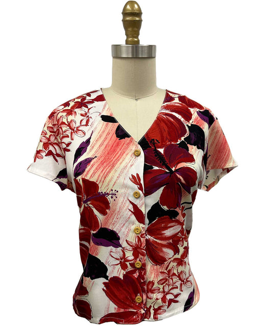 Watercolor Hibiscus Red V-Neck Top Hawaiian Shirt