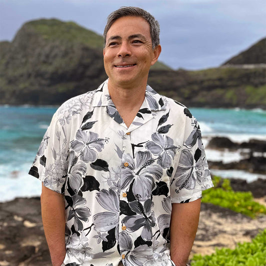 Gray Watercolor Hibiscus Hawaiian Shirt