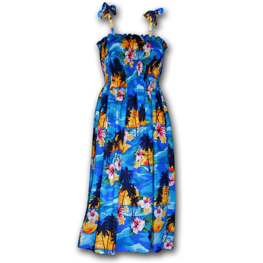 Waikiki Sunset Blue Spaghetti Tube Dress Hawaiian Shirt