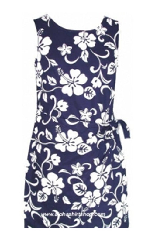 Girls Hibiscus Sarong Dress Blue Hawaiian Shirt